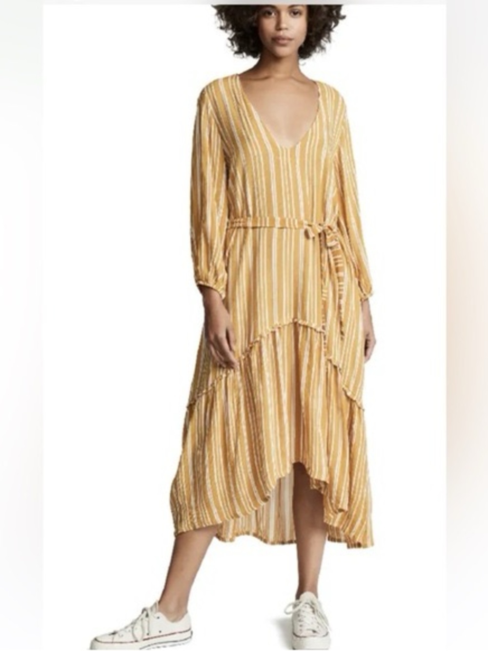 Faithfull The Brand Dress S US 4 Mustard Yellow Stripe Midi Tiered Boho